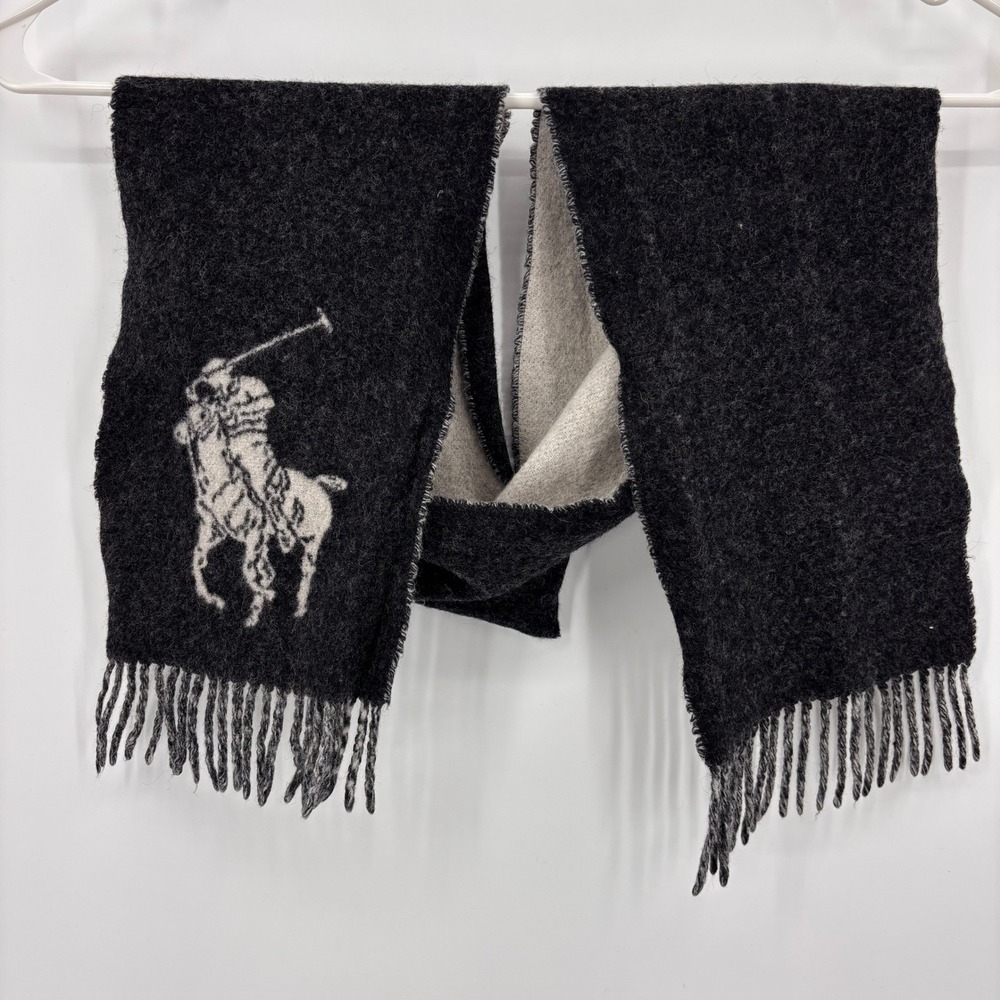 Polo Ralph Lauren Scarf Mens OS Grey Excellent Big Pony Reversible Fringe Wool